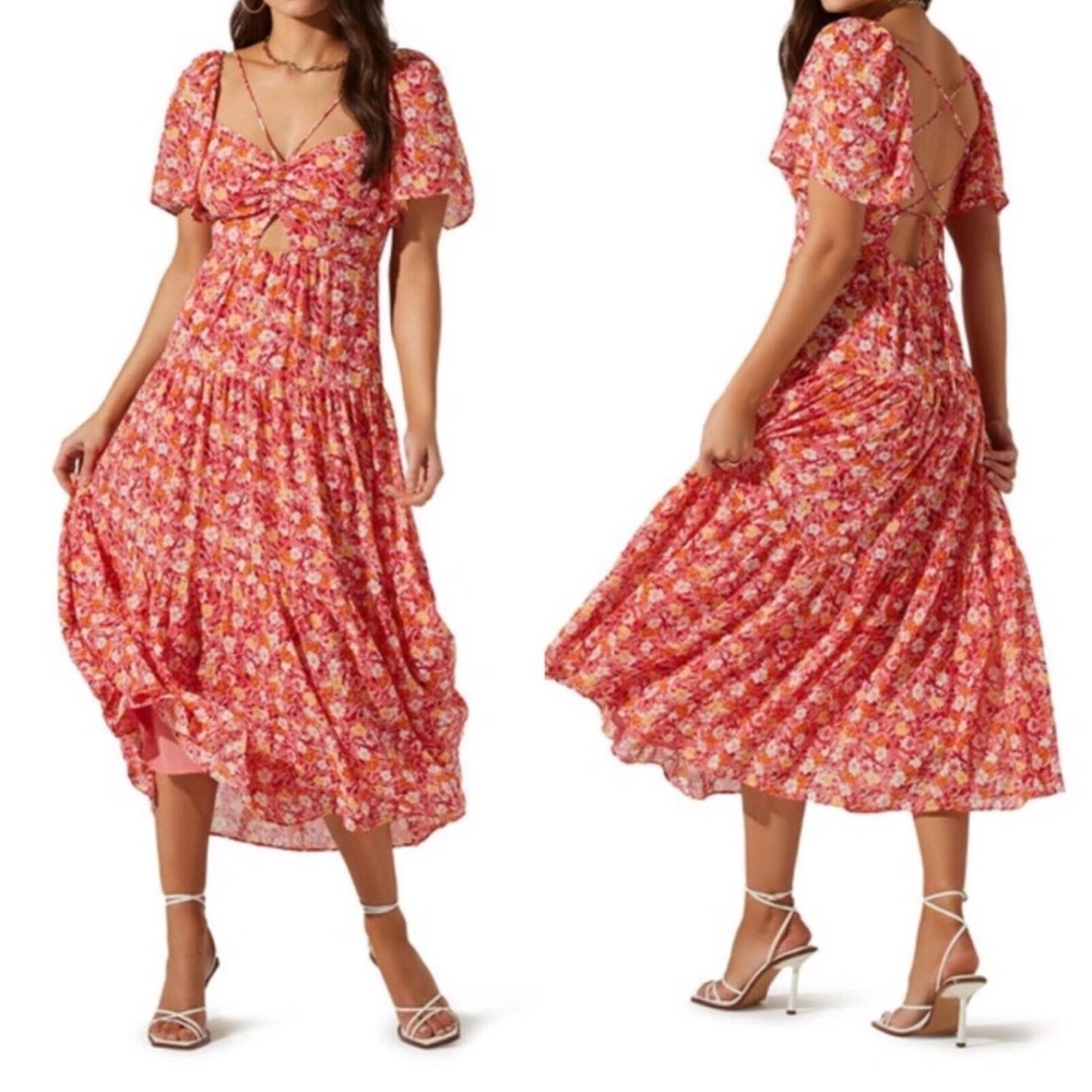 Astr Floral Midi Dress - Pink and Orange